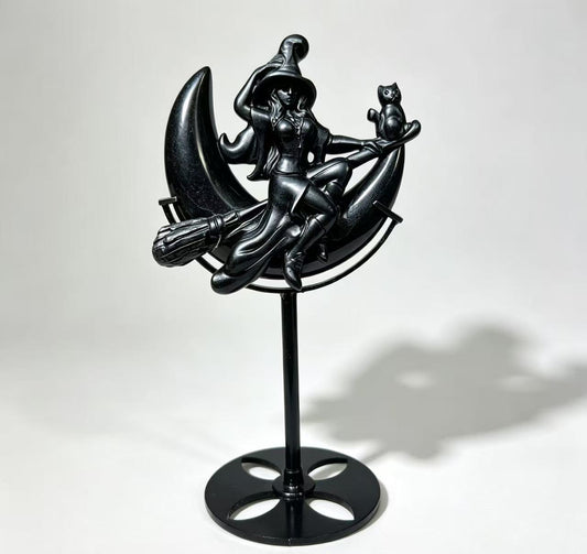 Natural Black Obsidian Crystal Moon Witch Carving with Stand
