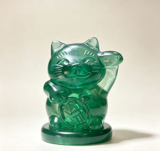Green Fluorite Lucky Cat Crystal Carving, Natural Hand Carved Maneki Neko Statue, Home Decor Healing Crystal Gift