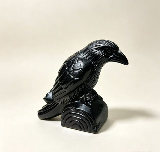 Natural Black Obsidian Raven Statue, Hand Carved Crow Crystal Sculpture, Gothic Witchy Home Decor Ornament Gift