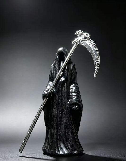 Hand Carved Natural Crystal Grim Reaper Statue With Metal Scythe Gothic Decor Sculpture