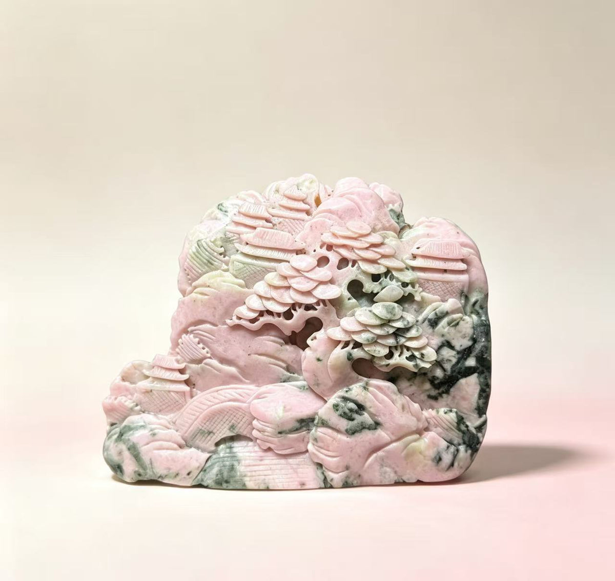 Natural Pink Opal Hand‑Carved Mountain‑Landscape Ornament