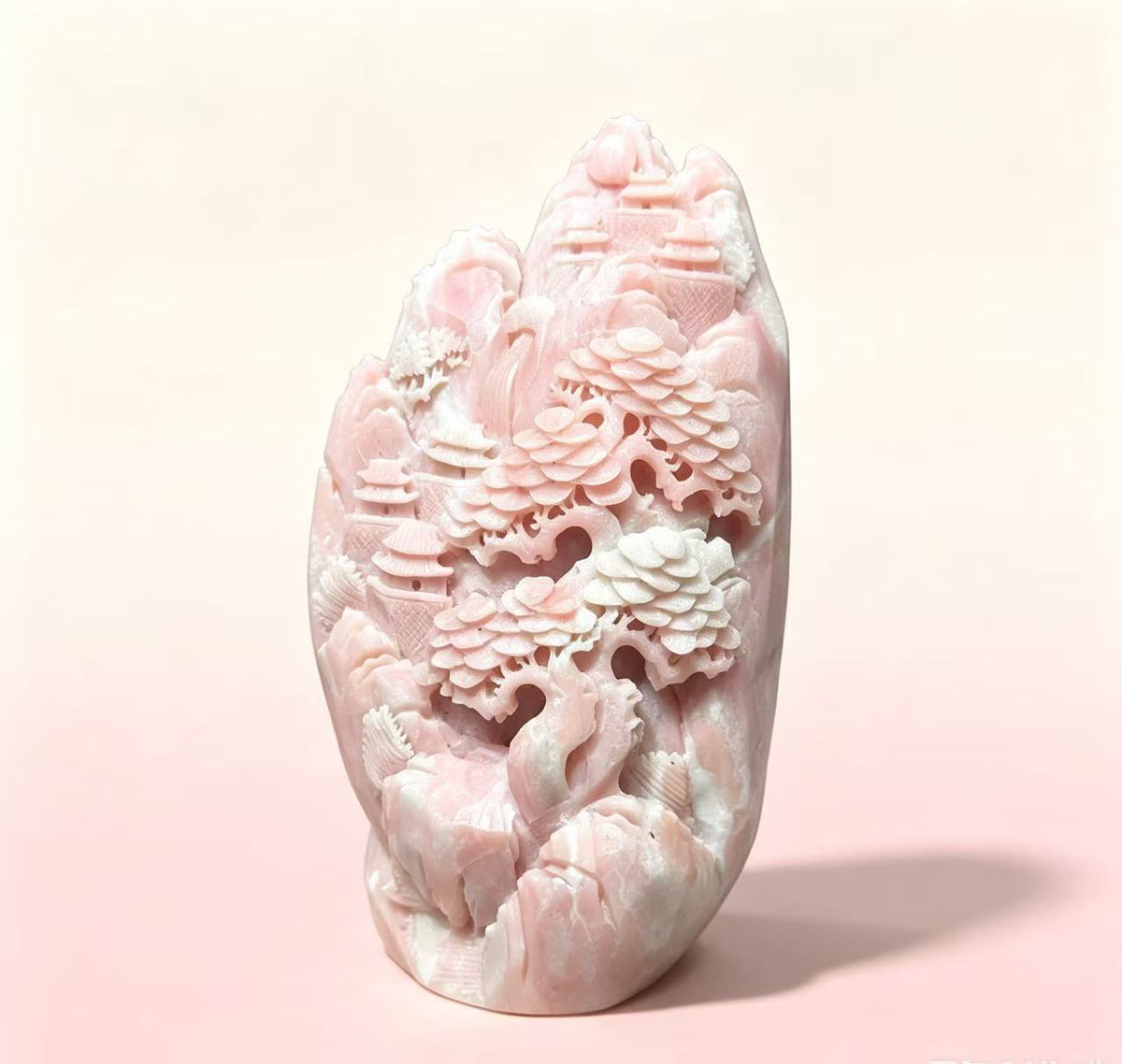 Natural Pink Opal Hand‑Carved Mountain‑Landscape Ornament