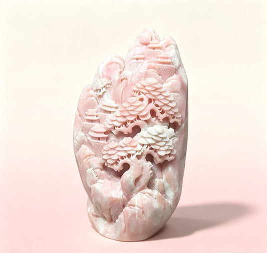 Natural Pink Opal Hand‑Carved Mountain‑Landscape Ornament