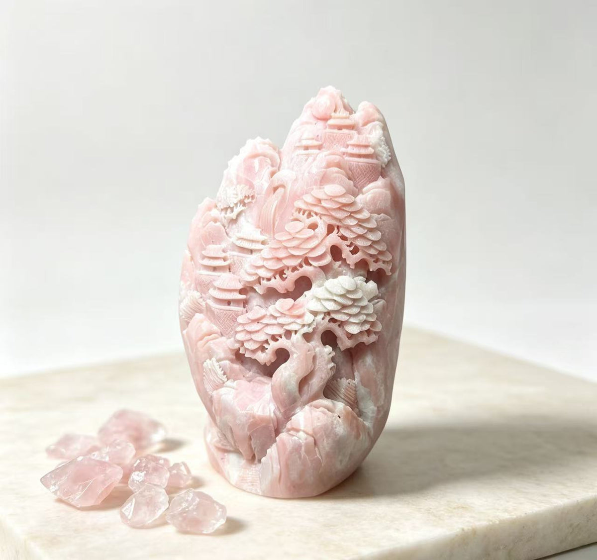 Natural Pink Opal Hand‑Carved Mountain‑Landscape Ornament
